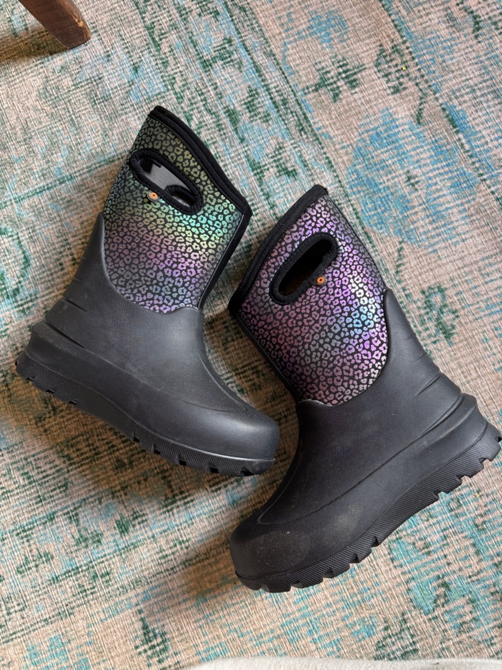 Bogs Kids Black Boots with Iridescent Purple-Green Leopard Print